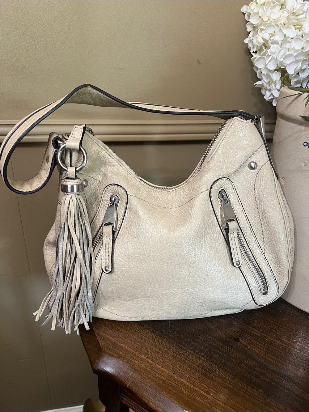 B Makowsky Women’s Cream Leather Shoulder Bag with Tassel